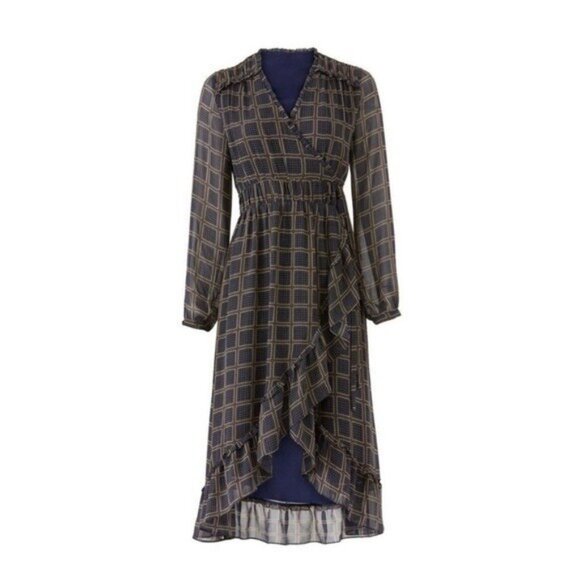 DRA CICERO DRESS - NAVY PRINT Windowpane Wrap Long Sleeve Midi Size Small - Picture 6 of 8